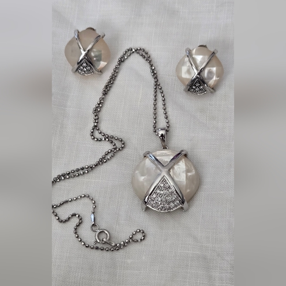 Earrings Neclace Set Mother Pearl 925 Sterling - Picture 15 of 16